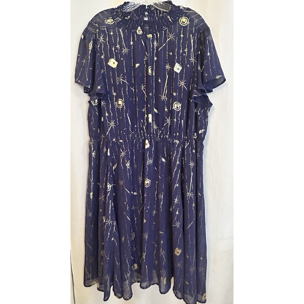 Torrid 3 (3X 22/24) Harry Potter Wand Symbols Chiffon Mock Neck Blue Dress Slip